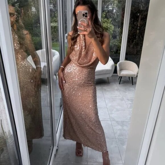 Zara Sequin Halter Maxi Dress NWT Beige Pink Size Medium - Picture 3 of 16